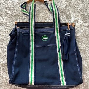 Tori Burch Canvas Tote Navy Blue Tote Bag with Green and White Straps